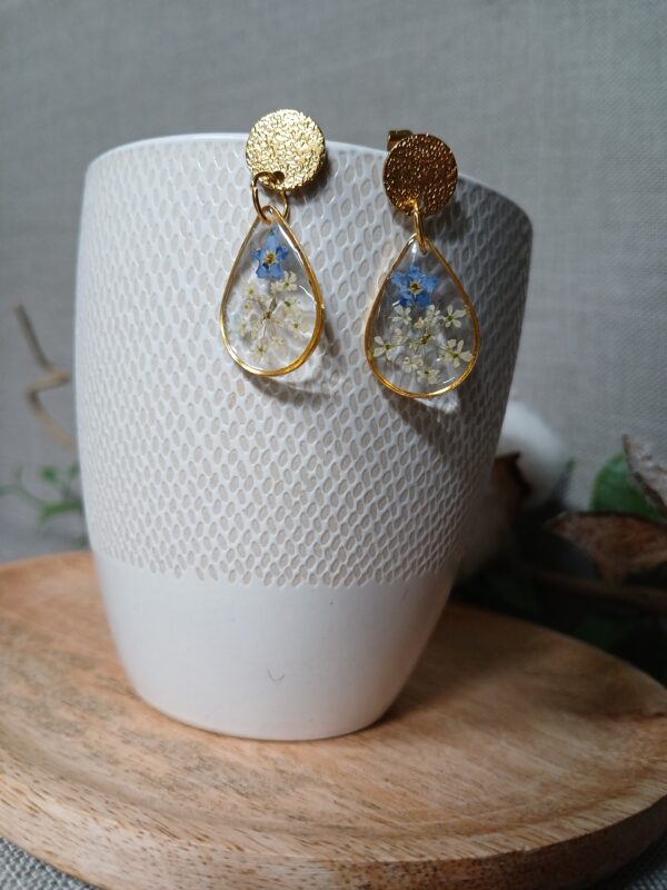 Boucles d'oreilles fleurs de carotte sauvage et myosotis – Image 3